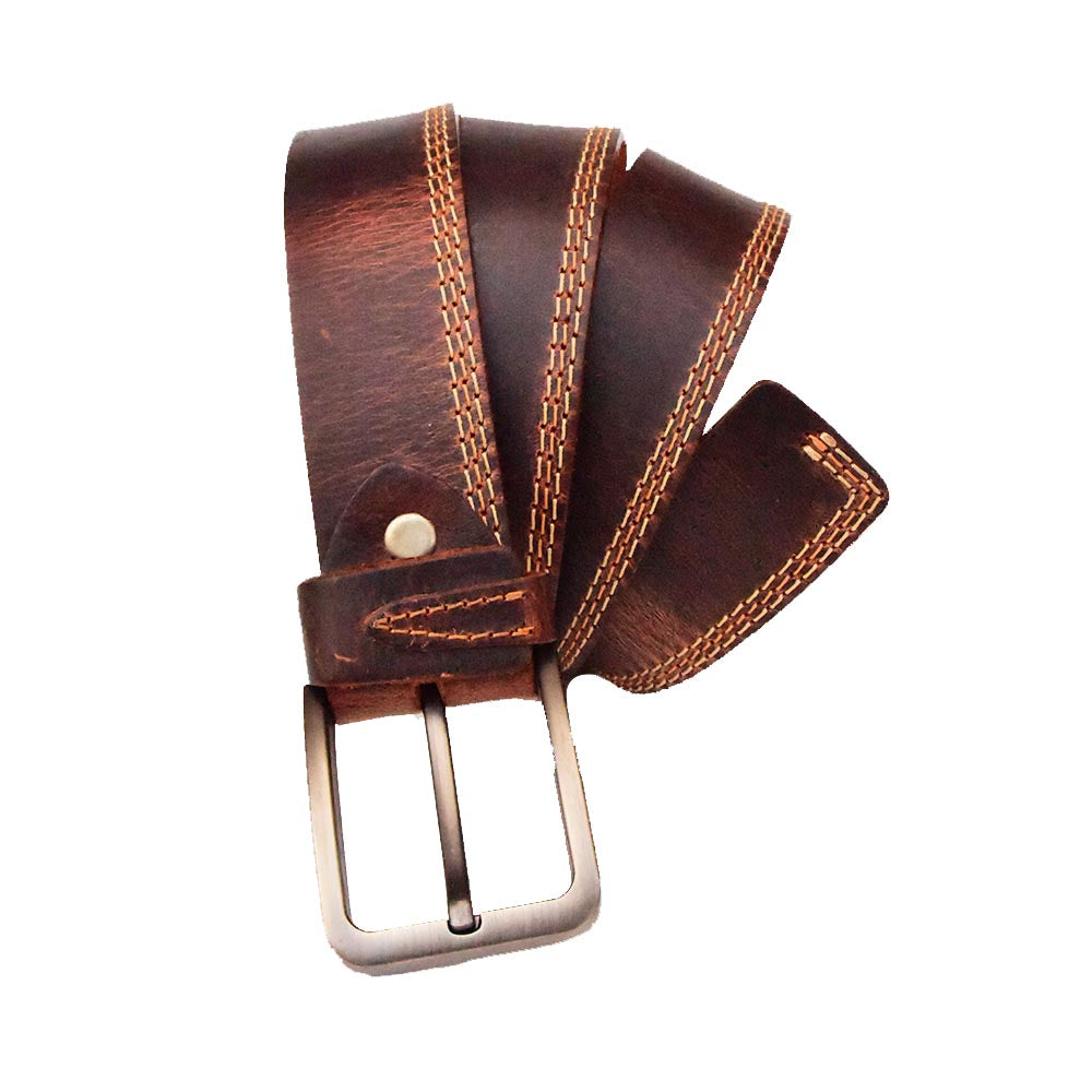 Triple Stitch Leather Belt – Brown