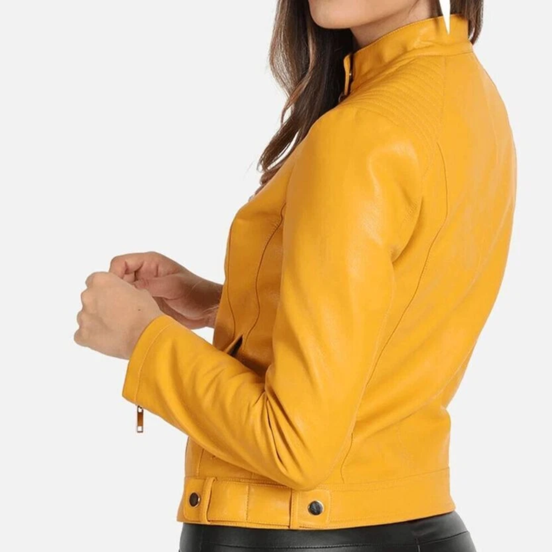 Women’s Genuine Lambskin Yellow Leather Biker Jacket – Slim Fit Motorcycle Style